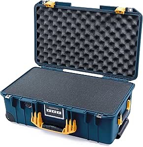 Pelican Air 1535 Carry-on Case by ColorCase - Deep Pacific Blue - Medium Size Waterproof Case with Pick & Pluck Foam & Convoluted Lid Foam - Yellow Handles & Latches
