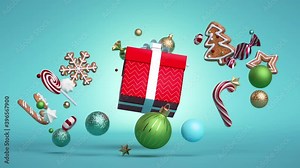 3d Christmas endless animation, looping intro. Glass balls, candy cane, caramel candies, sweets and cookies fly around the rotating red gift box. Levitating festive ornaments over the blue background