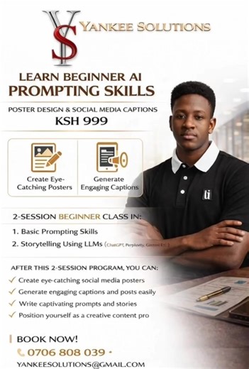 #CapCut #yankeesolution Artificial intelligence is no longer limited to technology experts. It is for students, business owners, sales agents, parents, and anyone willing to start learning. This is a beginner class designed for people who want to understand how to use AI correctly from the beginning. This program is a two-session training focused on basic AI prompting skills for poster design, social media captions, and storytelling. In this training, you will learn how to use tools such as #cha