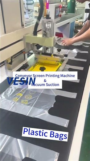 Print your custom patterns & logos on plastic bags with Conveyor screen printing machine!