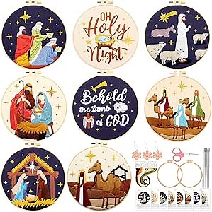 Riceshoot 8 Set Nativity Scene Christmas Embroidery Kits for Beginners Adults Christmas Cross Stitch Needlepoint Ornament Christian DIY Kits with Patterns Hoops Threads Needles Ropes Scissors