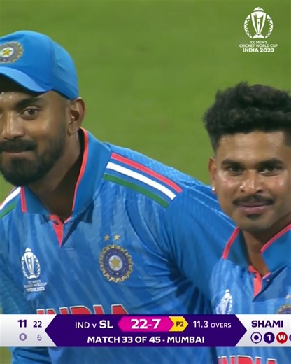 A brilliant review from KL Rahul gives Mohammed Shami his third wicket 👏 #CWC23 #INDvSL | ICC - International Cricket Council