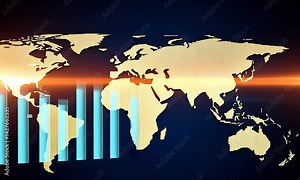 A digital map of the world with golden borders and global business activity lines connecting cities across various continents, indicating international trade and commercial activities, with data visu