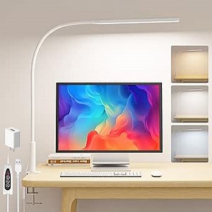 Desk Lamp with Clamp, Eye Caring Clip Light for Home Office, 3 Colors Stepless Dimming, Flexible Gooseneck Table Lamp with USB Adapter for Nail Reading Working Workbench Drawing Gaming (White Pro)
