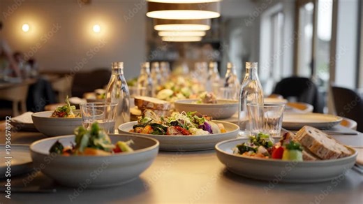 A contemporary indoor gathering space with a long minimalist table set for casual shared dining, neutral-toned ceramics, glass bottles of water, and seasonal dishes placed symmetrically, warm pendant