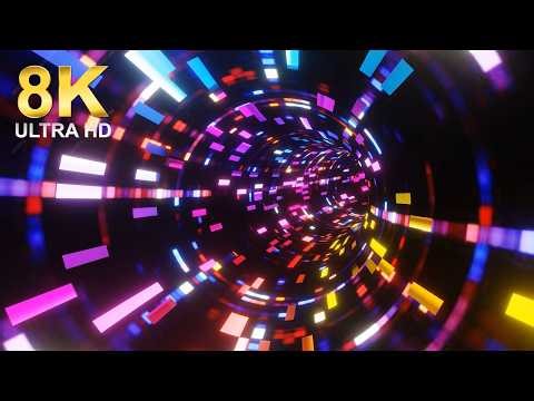 8K Abstract neon digital tunnel with glowing colorful lights on black background (1 hour) no sound