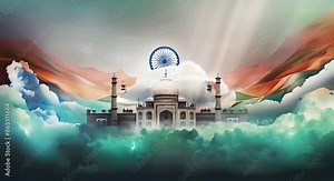 Digital illustration of Indian flag colors with a white cloud in the center, and fancy hand-drawn palace buildings, symbolizing Independence Day and Republic Day celebrations Stock Video