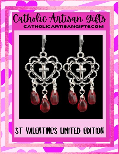 St Valentine's Ruby Red Cross Drop Earrings: Silvertone Filigree Heart, Catholic Gifts - Etsy