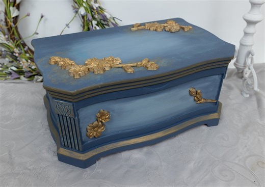 Hand-painted Blue Vintage Jewelry Box With Gold Cherry Blossoms - Etsy