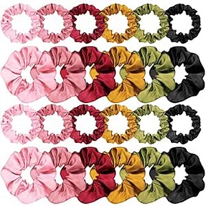 24 Pieces Satin Hair Scrunchies Silk Elastic Hair Bands Thin Hairs Ties Ropes Ponytail Holder for Women Girls Hairs Accessories Decorations(Muted Bloom,Plain Pattern)