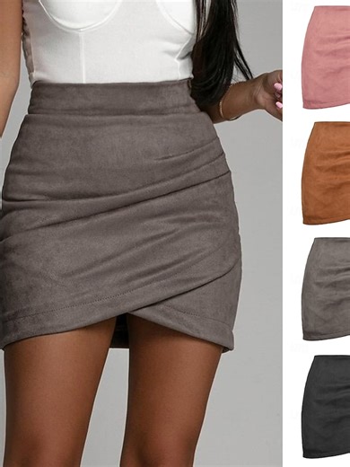 Women's Elegant Fashion Mini High Waist Skirts Plain Micro-elastic Street Date Black Pink Khaki Gray Spring Suede 2026 - $22.99