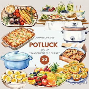 Potluck Clipart Pack, Watecolor Casserole, Crockpot, Cupcake Food, Community Dining, Party Clipart, Commercial Use, Transparent PNG - Etsy
