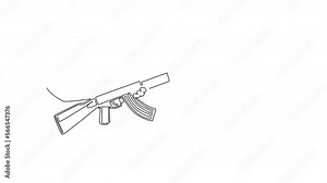 Animated self drawing of continuous line draw hand holding AK 47 kalashnikov machine gun assault rifle. Weapon firearm terrorism concept. Military automatic rifle. Full length one line animation