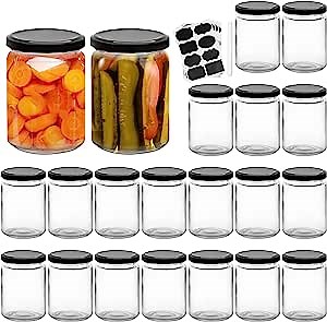 Woaiwo-q 11 oz Glass Jars, 20 Pack Clear Round Candle Jars with Black Metal Lids for DIY Dessert,Jam,Dry Goods, Canning Jars for Honey,Candy,Wedding Favors,Shower Favors