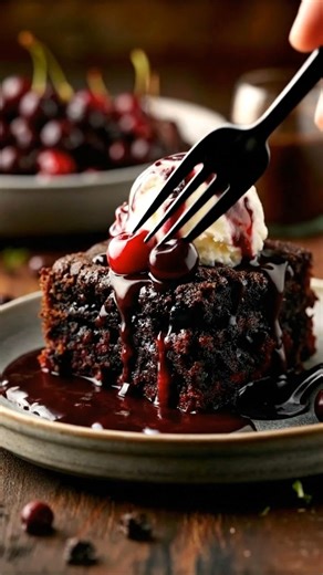 Warm Chocolate Cherry Fudge Cake | Gooey, Rich & Best Served with Ice Cream 🍒🍫 If there’s a dessert that can fix any kind of day — it’s this one. Fudgy chocolate, juicy cherries, and melty vanilla ice cream? Pure comfort in every bite ❤️ Ingredients: For the cake: 1 cup all-purpose flour ½ cup unsweetened cocoa powder 1 tsp baking soda ½ tsp salt ¾ cup sugar ½ cup buttermilk ½ cup brewed coffee (or hot water) ⅓ cup vegetable oil 1 tsp vanilla extract 1 cup pitted cherries (fresh or frozen) For