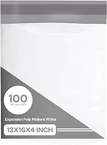 PSBM 100 PCS 13 x 16 Inch White Expansion Poly Mailer, Self Seal Expandable Gusseted Shipping Envelope, Ideal for Packing and Shipping Cloths, Documents, Books, Gifts, Jewelry and More