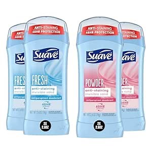 Suave Deodorant Women, Antiperspirant, Powder and Fresh Bundle, 48-Hour Odor & Wetness Protection, with Essential Oils, anti-staining, no baking soda Bundle 4 x 2.6 oz