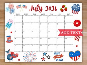 EDITABLE July 2026 Summer Calendar, Printable Fourth of July Calendar, Monthly Calendar, July Planner, Summertime, Instant Download - Etsy