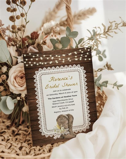 Rustic Chic Bridal Shower Invitation, Vintage Doily Lace Boots and Bubbly Garden Party Template - Etsy
