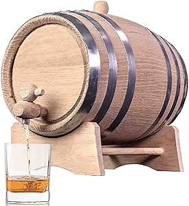 3 Liter Oak Aging Barrel (Distillery Series - Steel Hoops, Unvarnished) w/Wood Stand, Bung & Spigot - 3L Charred Oak Bourbon Whiskey Barrels For The Home Brewer, Distiller, Wine Maker