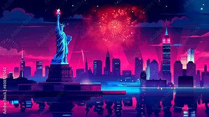 Firework display over American city skyline with Statue of Liberty. Festive celebration of Independence Day on 4th of July. looping time-lapse video animation