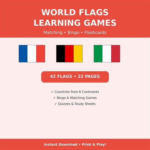 World Flags Printable Flashcards Matching Game Bingo Geography Learning Activities Countries PDF - Etsy UK