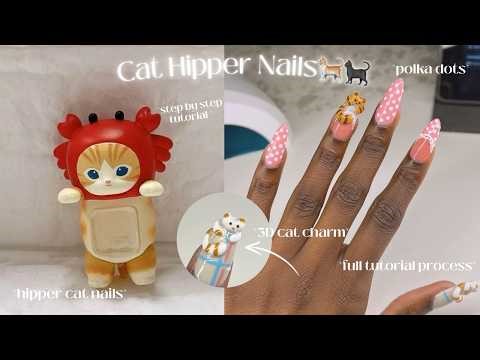 Viral Hipper Nail Tutorial🐈 | Gel-X Nails Polka Dots & 3D Cats