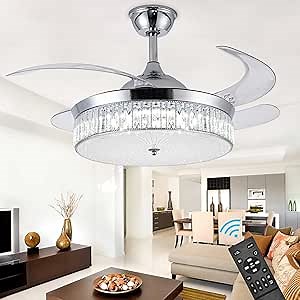 42" Invisible Ceiling Fan with Light,Modern Crystal Ceiling Fan Light with Remote Control 4 Retractable ABS Blades for Bedroom Living Dining Room Decoration