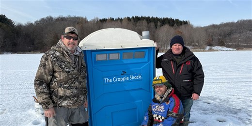 Wisconsin fisherman transforms an old porta potty into a cozy ice fishing shanty
