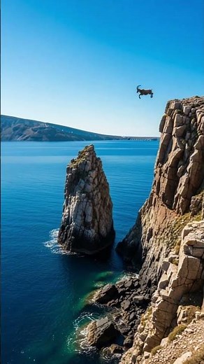 Mountain Goat Leaps from Cliff into Ocean