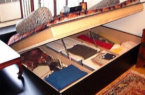 Bed: whole top lifts up to expose tons of storage