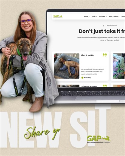 Every greyhound has a story – and so do you. 💙 Whether you’ve adopted, fostered, or volunteered with us, your journey is a huge part of what makes GAP so special. And now, you can share that joy with the world on our brand-new website! 📢 Our "Share Your Story" section is open – a space to celebrate the snoots, the snuggles, the zoomies, and the little moments that made it all worth it. Your words might inspire someone to adopt. Or foster. Or take that first step to get involved. ✨ 👉 Got a tai