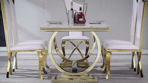 Marble Dining Table Set for 4, White Silver 68" Kitchen Dining Room Tables and 4 Velvet Dining Chairs, 5 Piece Kitchen Table and Beige Chairs Set, Large Dinner Table w/O-Shaped Stainless Steel Base