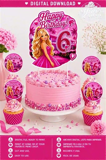Pink Birthday Cake Topper & Cupcake Toppers Printable 🎀 #etsy #cupcake #printable #barbie #cake