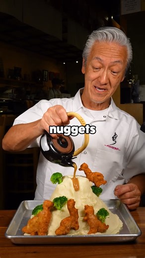 Asanebo Restaurant on Instagram: "My Favorite Midnight Snack…🤫😭 Giant Dino Nuggets With Mashed Potatoes and Gravy Volcano, Asanebo Style! 👍"