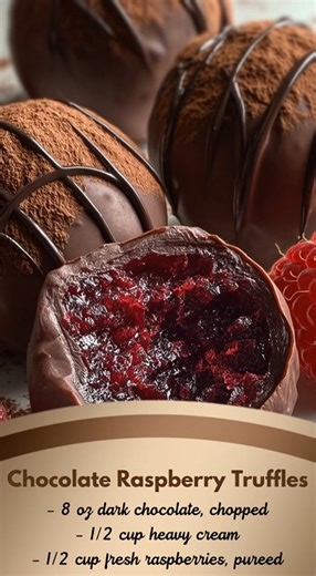 Chocolate Raspberry Truffles 🍫🍓 Ingredients Dark chocolate Heavy cream Fresh raspberries Vanilla extract Cocoa powder Quick Recipe Heat cream until just simmering Pour over chopped chocolate → melt Mix in raspberry purée vanilla Chill 2 hours Roll into balls, coat with cocoa Result: Melt-in-your-mouth truffles with a fruity kick. | Alexander Jai