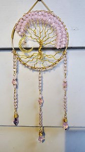 Crystal Tree of Life Suncatcher: Pink & Gold Wire Wrapped Art
