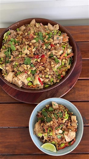 Coconut Poached chicken Soba noodle salad with a toasted sesame dressing Ingredients: For salad: 400g Cooked and cooled Soba noodles 400g cooked and cooled Edamame beans 1 large Carrot peeled and cut into match sticks 1 sliced Cucumber 1/2 sliced red Capsicum 5 sliced Spring onion 1 punch fresh Coriander For poached chicken: 4 chicken breast 1x 400g can coconut milk 1 litre chicken stock (or enough to cover chicken) 1/2 cup palm sugar 3 cloves of garlic 1 tsp of ginger 1/3 cup lime juice 1/3 cup