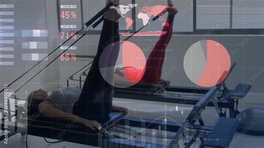 Two women using straps and doing pilates leg extension for tone, overlaid charts showing percent