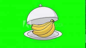 Opened Restaurant Cloche With Banana On Green Screen Background. 3D Fresh Banana Fruit Animation