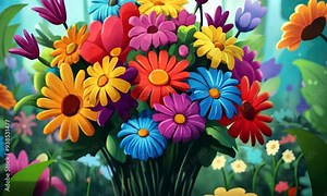 2D cartoon style illustration of a vibrant bouquet of flowers created by a child