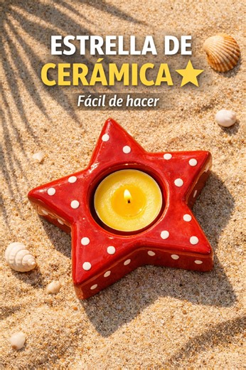 Esta pieza decorativa de cerámica se puede crear a partir de una simple plancha de arcilla. Utilizamos una plantilla con forma de estrella (que podés encontrar fácilmente en internet) para definir la silueta, aunque también se puede dibujar directamente sobre la arcilla. Luego se suavizan los bordes con los dedos para darle una forma más orgánica y se crea un pequeño hueco central para colocar una vela. Después de secar, solo queda decorar la pieza con color y sellarla con esmalte o barniz. Al s