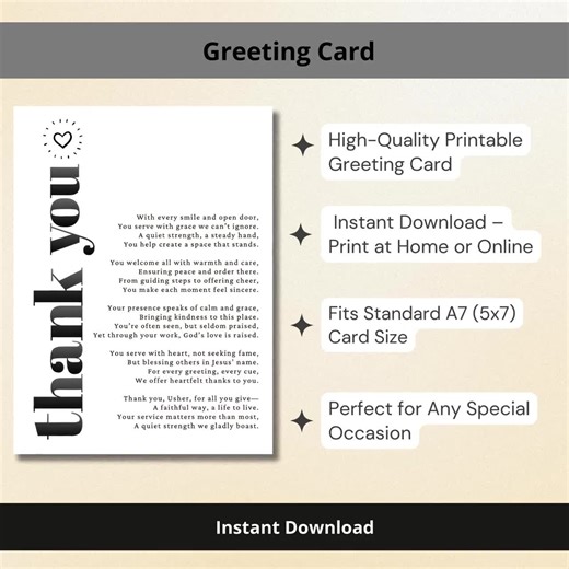 Usher Thank You Card Printable Christian Poem Greeting Card Appreciation Gift for Church Ushers Digital Download Foldable Ministry Card - Etsy