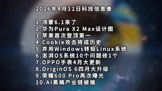 鸿蒙6.1来了丨华为Pura X2 Max设计图丨苹果首次登顶第一—科技信息差