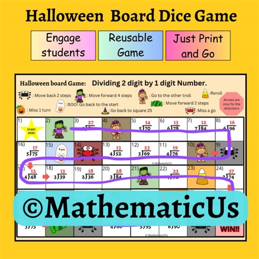 Division 2 digit by 1 digit Number Halloween Board game