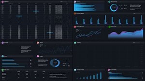 Business Management Application Interface With Graphs, Charts, and Data Opened in Multiple Windows On Dark Background. Software Mockup For e-Commerce Entrepreneurs. Template For Computers, Laptops.