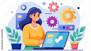 Woman Installing Software Update on Laptop, a woman performs a software installation update on a laptop, Simple and minimalist flat 2d Animation Stock Video