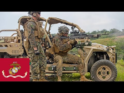 US Marines. UTV driving and powerful M240B machine guns at the training ground in Japan.