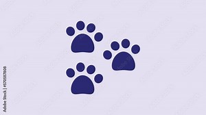 Blue Paw print icon isolated on purple background. Dog or cat paw print. Animal track. 4K Video motion graphic animation