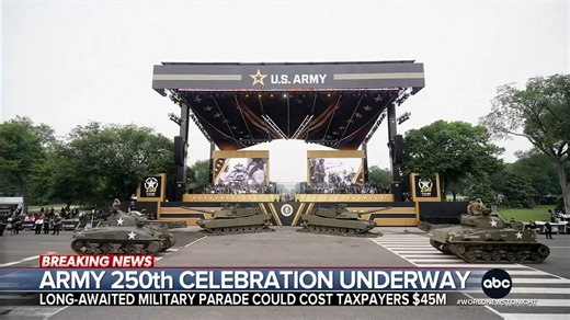 A massive parade, celebrating the 250th anniversary of the U.S. Army and coinciding with the birthday of Pres. Donald Trump, kicked off with thousands of soldiers and dozens of tanks rolling through Washington, D.C. Selina Wang and Stephanie Ramos report. https://abcnews.link/J1HKwK0 | ABC World News Tonight with David Muir